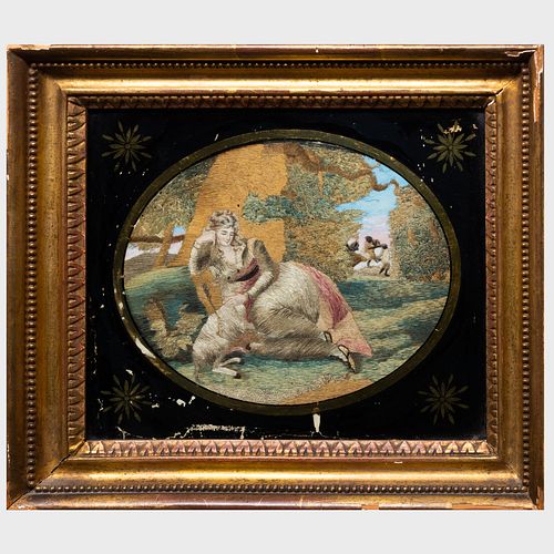 Pair of English Oval Needlework Pictures of a Shepherd and Shepherdess