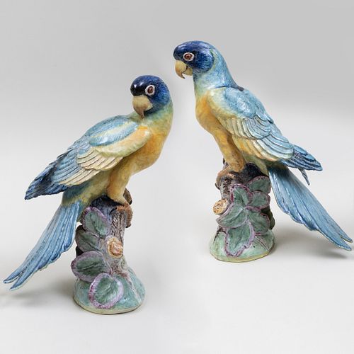 Pair of Lady Anne Gordon Glazed Earthenware Models of Parrots