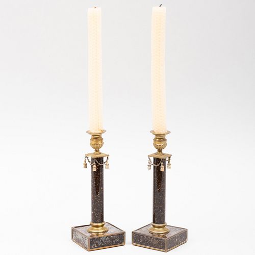 Pair of Regency Style Ormolu Mounted Faux Marble Candlesticks