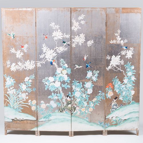 Chinese Style Silvered Wallpaper Mounted as a Four Panel Screen