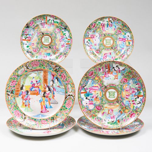 Group of Six Chinese Export Mandarin Palette Porcelain Plates