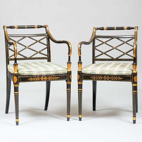 Pair of Regency Painted, Parcel-Gilt and Caned Armchairs