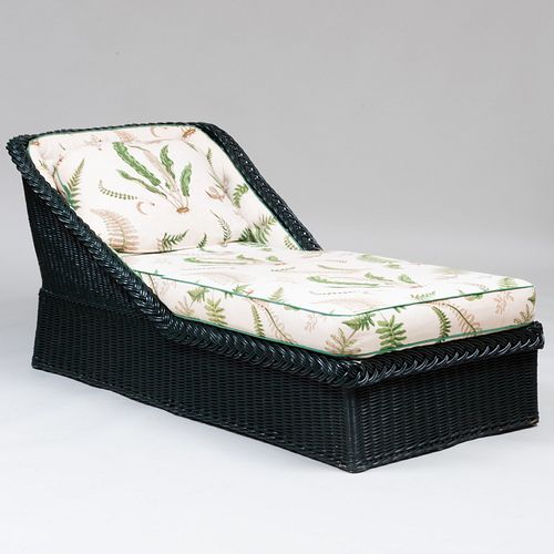 Green Wicker and Linen Upholstered Chaise Lounge, Bielecky Brothers