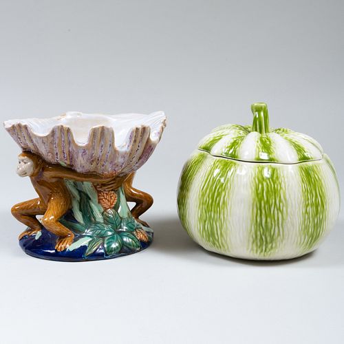 Oscar de la Renta Portuguese Ceramic Melon Form Tureen and a Monkey and Shell Form Compote