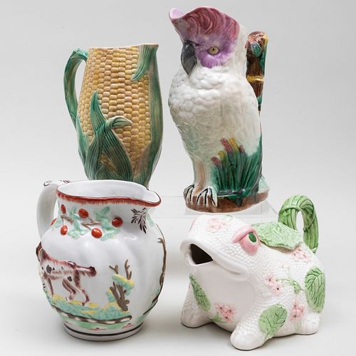 Group of Four Majolica and Ceramic Pitchers