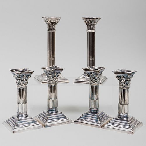 Group of Six Silver Plate Columnar Candlesticks