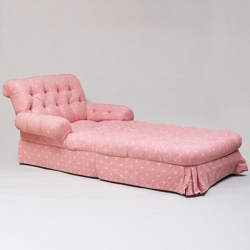 Large Pink Linen Tufted Upholstered Chaise Lounge, De Angelis