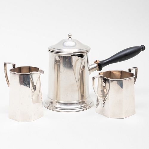 Pewter Coffee Pot and an American Silver Sugar Bowl and Cream Jug