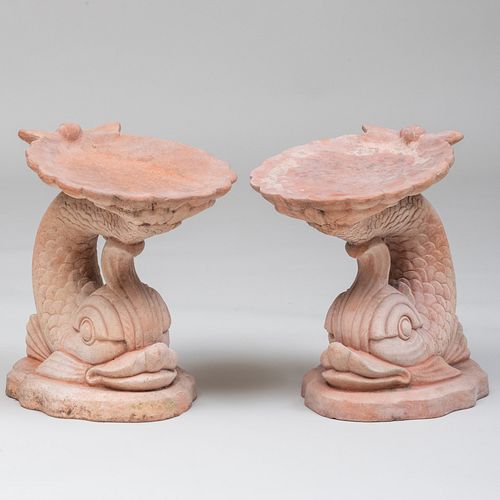 Pair of Terracotta Dolphin and Shell Form Garden Seats
