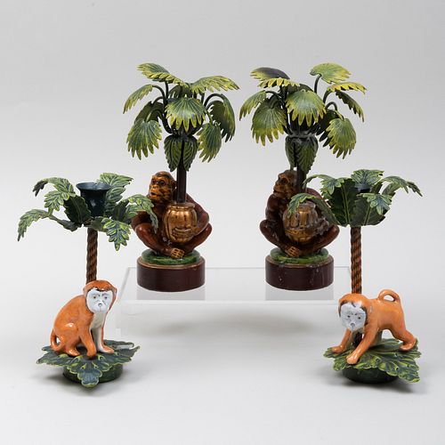 Two Pairs of TÃ´le and Ceramic Monkey and Palm Form Candlesticks