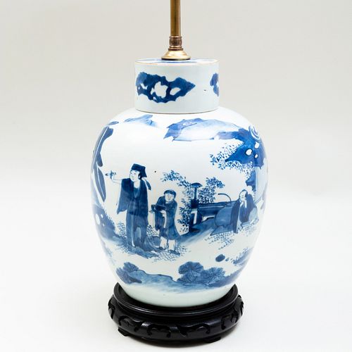 Chinese Blue and White Ginger Jar with Cover Mounted as a Lamp