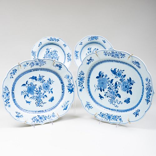 Pair of Chinese Export Blue and White Porcelain Meat Platters and a Pair of Soup Plates