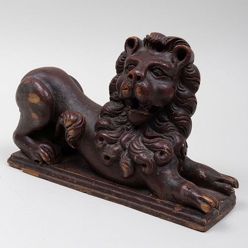 Carved English Wooden and Painted Lion