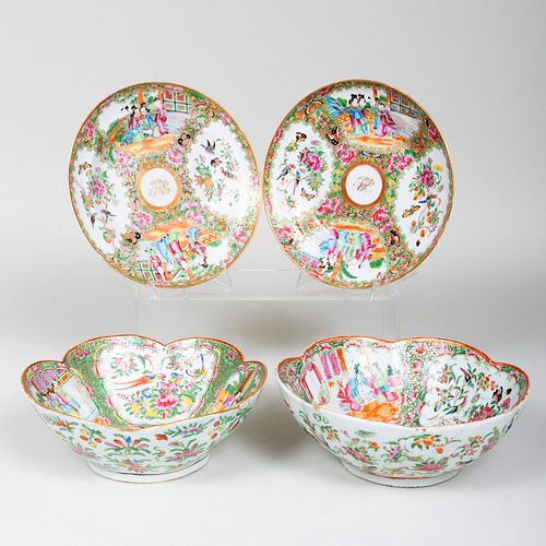 Pair of Chinese Export Canton Famille Rose Porcelain Bowls and a Pair of Plates