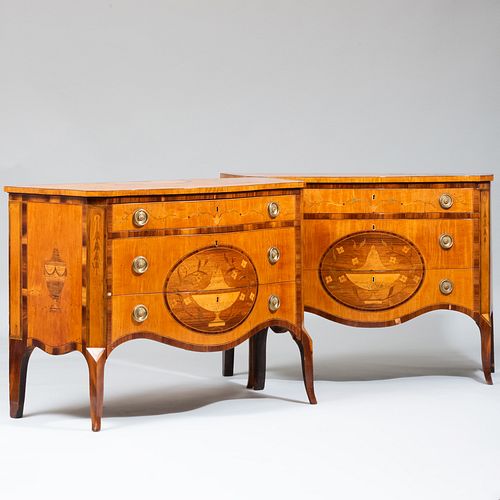 Fine Pair of George III Satinwood, Sycamore and Harewood Marquetry Serpentine-Fronted Commodes