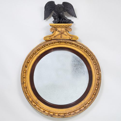 Large Regency Ebonized and Giltwood Convex Mirror