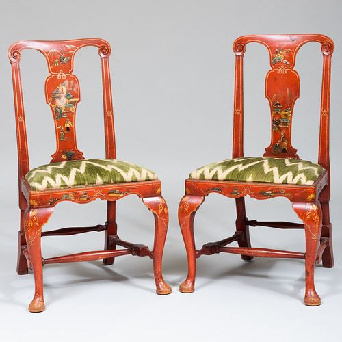 Pair of Queen Anne Scarlet and Polychrome Japanned Side Chairs
