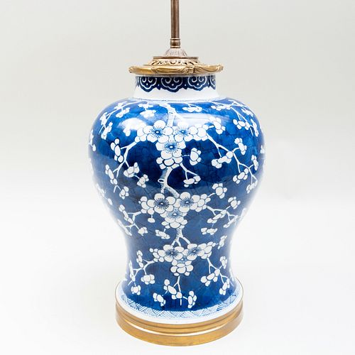 Chinese Gilt-Metal-Mounted Blue and White Porcelain Baluster Jar Mounted as a Lamp