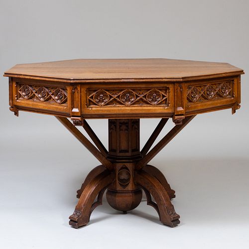 English Neo-Gothic Oak Octagonal Center Table
