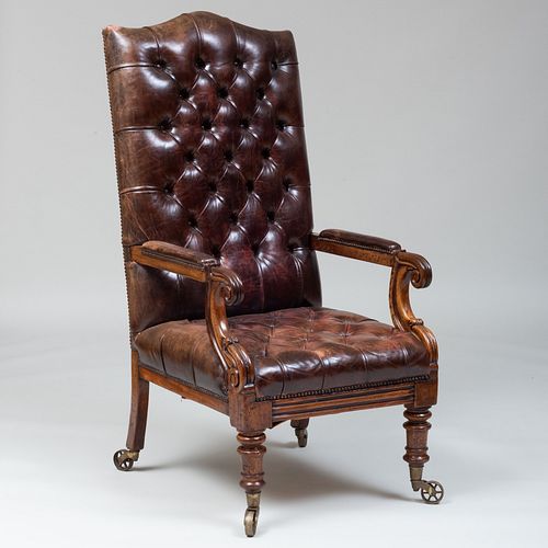 Late George IV Mahogany and Tufted Leather Armchair