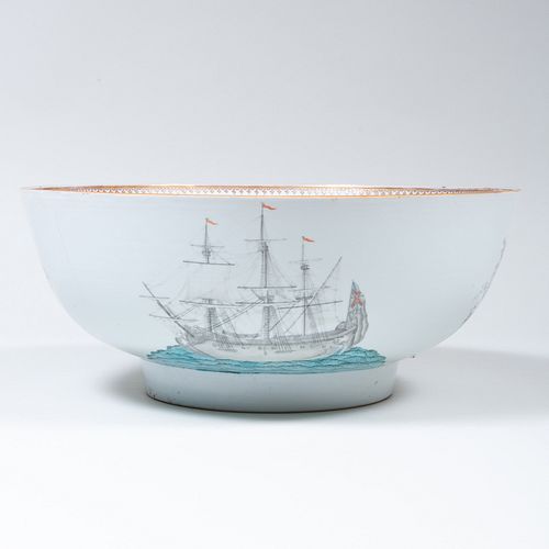 Large Chinese Export Porcelain Punch Bowl Decorated with Sailing Ships