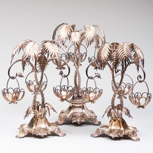 Set of Three Silver Plate Palm Tree Form Epergnes, Possibly English 