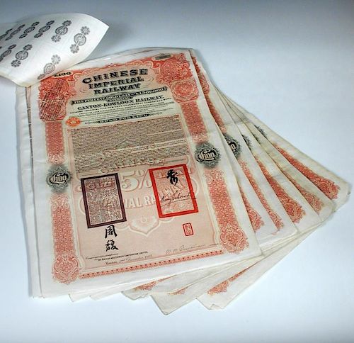110 Chinese Railway share certificates including one framed example, each for the Canton-Kowloon rai