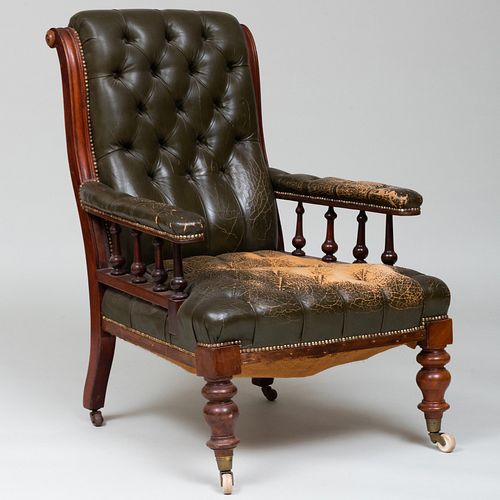 Early Victorian Leather Tufted Upholstered Armchair
