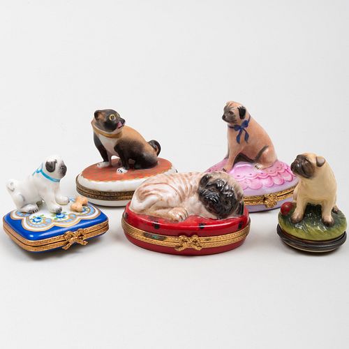 Group of Five Porcelain Pug Form Pill Boxes
