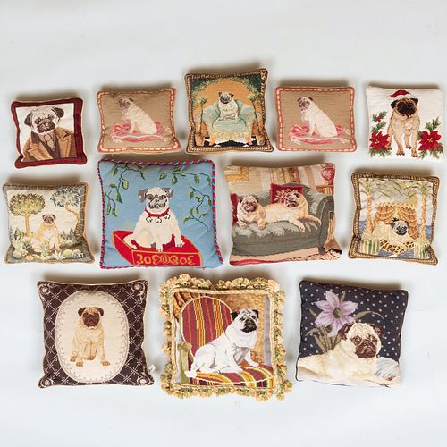Group of Twelve Pug Needlepoint Pillows