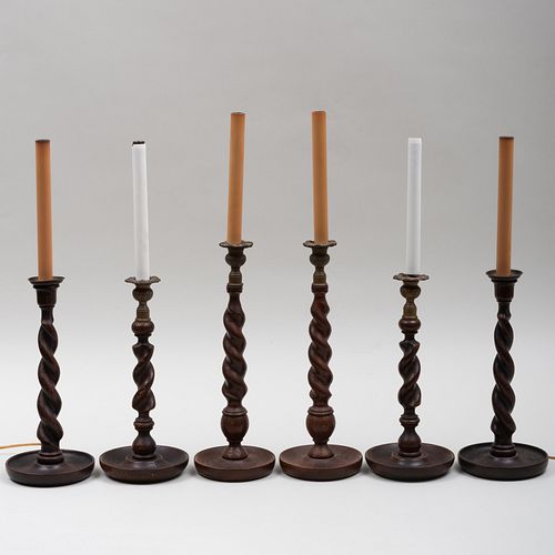 Three Pairs of Barley Twist Oak Candlestick Lamps