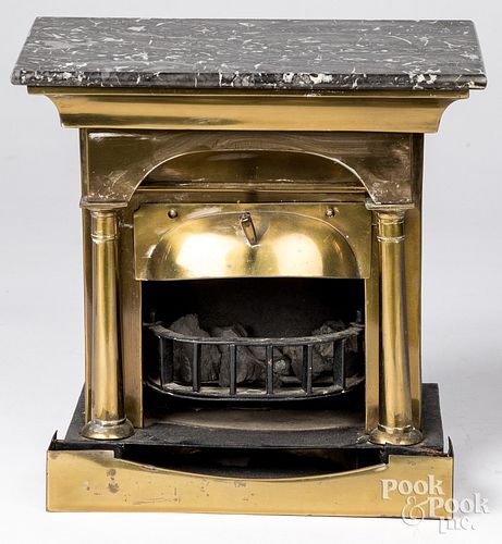 Miniature brass, tin, and marble fireplace