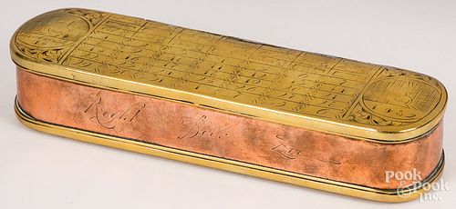 Dutch engraved brass and copper tobacco box