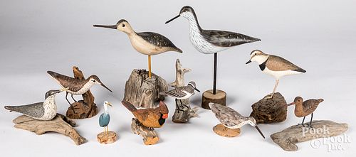 Nine carved and painted shorebirds