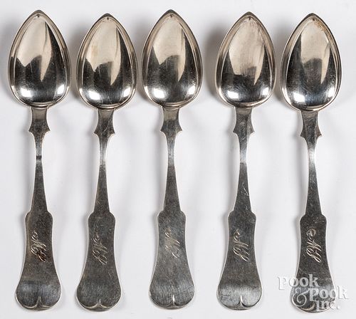 Five Richard Clayton coin silver tablespoons
