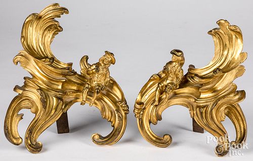 Pair of gilt brass chenets, 19th c.