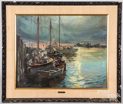 Stephen Juharos oil on canvas harbor scene
