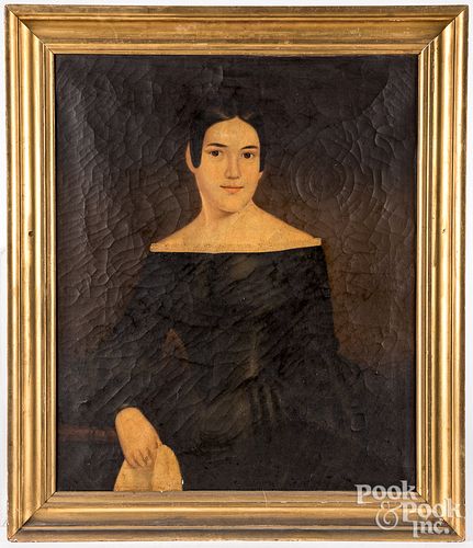 American oil on canvas portrait of a young woman
