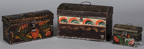 Three Pennsylvania painted toleware dome top boxes