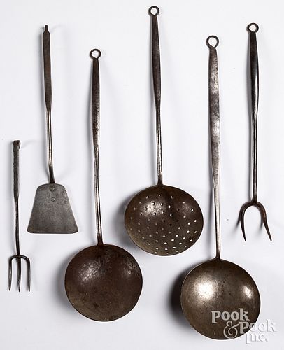 Six wrought iron long handled utensils, 19th c.