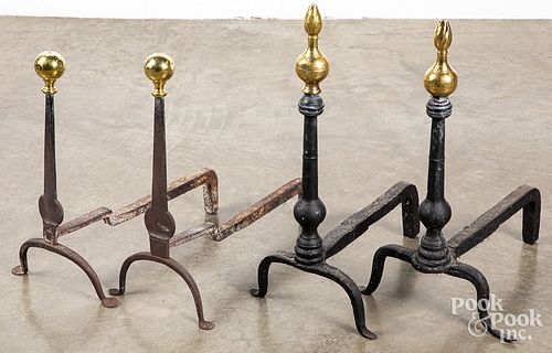 Two pairs of brass and iron andirons, 18th c.