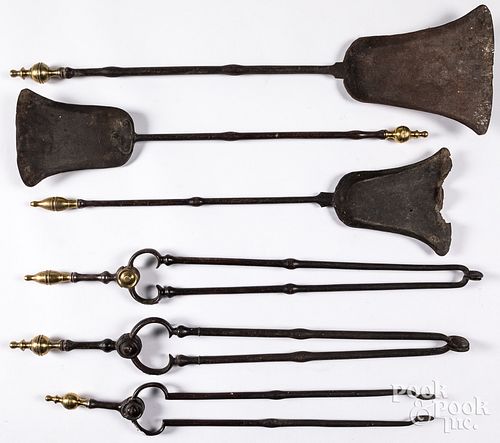 Three pairs of Chippendale iron fireplace tools