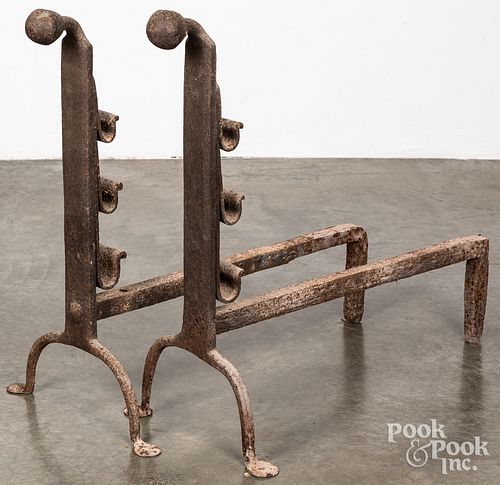 Large pair of wrought iron andirons, 18th c.