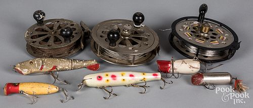 Group of fishing reels and lures