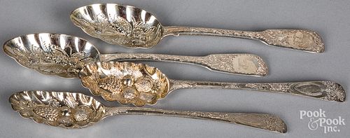 Four English bright cut silverberry spoons