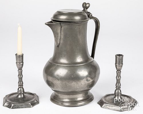 Pewter lidded pitcher, 19th c.
