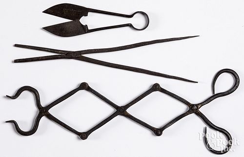 Pair of wrought iron scissor-type ember tongs