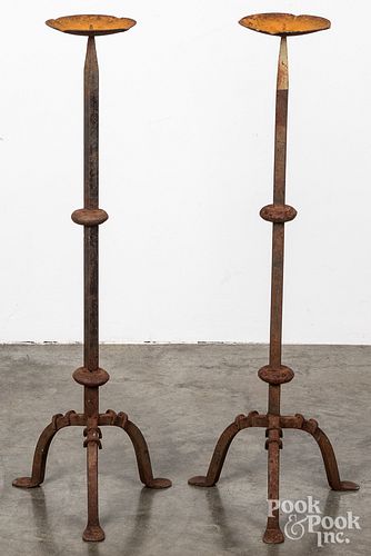 Large pair of iron pricket candlesticks, 20th c.