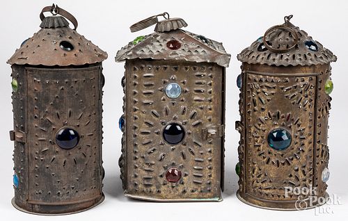 Three Bradley & Hubbard punched jeweled lantern