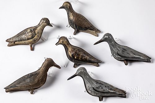 Six painted tinnie shorebird decoys, early 20th c.